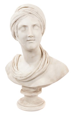 Lot 1032 - Fine 19th century Italian carved marble bust of a young woman, dressed in Renaissance costume, raised on socle base, 55cm high