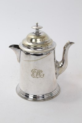 Lot 504 - 19th century silver plated argyll, the plain, slightly tapered body with beaded foot, hinged lid with beaded finial and hot water jacker, with shaped pouring spout, side handle with ivory insulator...