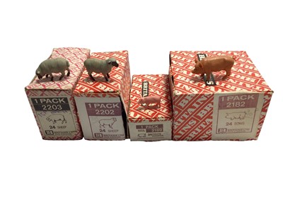 Lot 185 - Britains Pink Trade Boxes Sows 24 Pack No.2182 (20 items), Piglets 24 Pack No.2203 (20 items), Sheep Heads Down 24 Pack No.2203 (7 items), Sheep Heads Up 24 Pack No.2202 (Complete), Clydesdale 12 P...