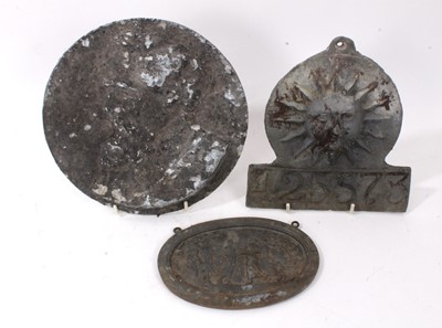 Lot 1097 - Sun Fire office lead fire mark, antique oval lead plaque depicting classical figures, plaque of Dickens (3)