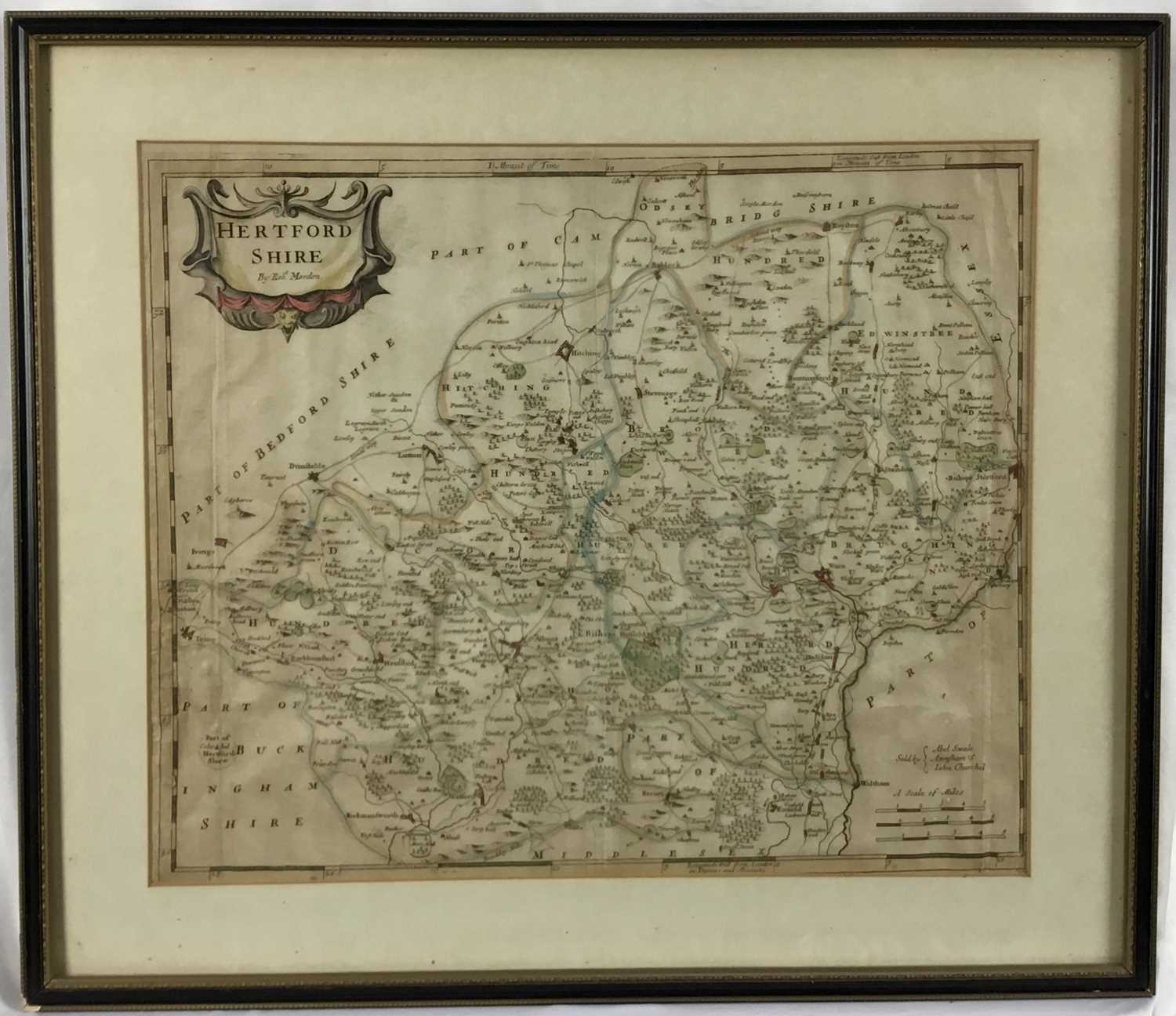 Lot 305 - Antique map of Hertfordshire by Robert Morden, 36cm x 43cm, in glazed frame