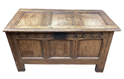 Lot 1608 - Small early 18th Century oak coffer with geometric inlay to front and carved frieze