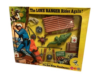 Lot 190 - Marx Toys The Lone Ranger Rides Again adventure accessory packs including The Hidden Silver Mine No.7422, The Red River Floodwaters No.7425, The Apache Buffalo Hunt No.7421, The Tribal Powwow No.74...
