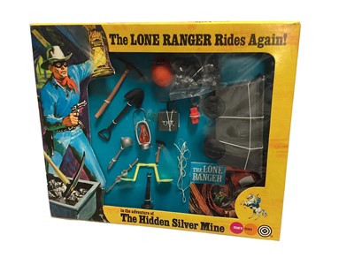 Lot 190 - Marx Toys The Lone Ranger Rides Again adventure accessory packs including The Hidden Silver Mine No.7422, The Red River Floodwaters No.7425, The Apache Buffalo Hunt No.7421, The Tribal Powwow No.74...