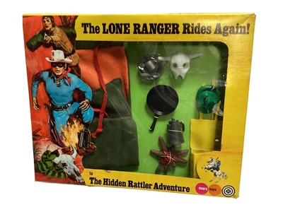 Lot 190 - Marx Toys The Lone Ranger Rides Again adventure accessory packs including The Hidden Silver Mine No.7422, The Red River Floodwaters No.7425, The Apache Buffalo Hunt No.7421, The Tribal Powwow No.74...