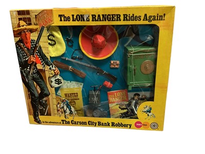 Lot 191 - Marx Toys The Lone Range Rides Again accessory adventure packs including The Missing Mountain Climber No.7427, The Apache Buffalo Hunt No.7421, The Landslide No.7415, The Carson City Bank Robbery N...