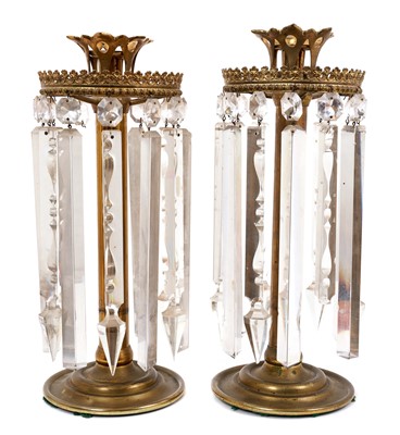 Lot 1056 - Pair of Victorian gilt metal lustres, hung with prismatic drops and storm lantern shades