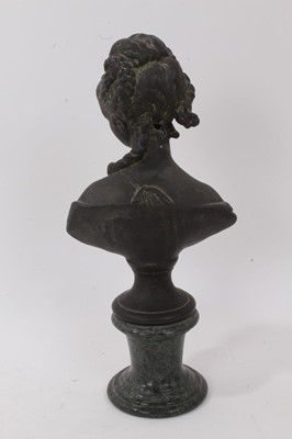 Lot 1058 - 19th century continental classical bronze bust, of a demure female, raised on serpentine marble socle, total height 29cm