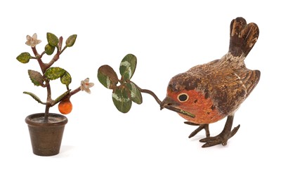 Lot 1060 - Austrian painted bronze of a Robin, stamped to rear, 6cm long, together with another of a plant pot. (2)