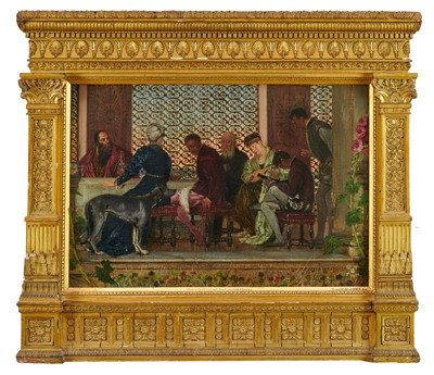 Lot 1301 - Pre-Raphaelite School, oil on canvas laid on panel - The Meeting Of The Doges Family, bearing signature E. Burne-Jones, 36cm x 53cm, in fine Classical architectural gilt frame