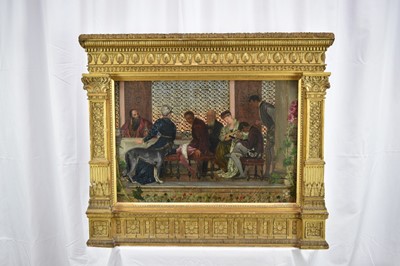 Lot 1301 - Pre-Raphaelite School, oil on canvas laid on panel - The Meeting Of The Doges Family, bearing signature E. Burne-Jones, 36cm x 53cm, in fine Classical architectural gilt frame