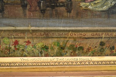 Lot 1301 - Pre-Raphaelite School, oil on canvas laid on panel - The Meeting Of The Doges Family, bearing signature E. Burne-Jones, 36cm x 53cm, in fine Classical architectural gilt frame