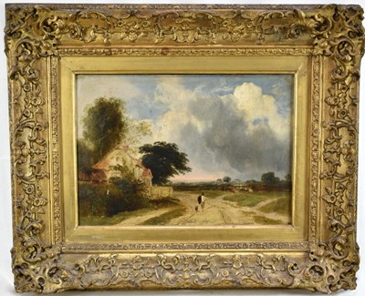 Lot 1304 - East Anglian School, 19th century, oil on canvas - Figure in Landscape, 25.5cm x 36cm, in gilt frame