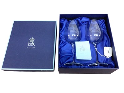 Lot 142 - H.M. Queen Elizabeth II, 2019 Royal Household Christmas gift of a pair of large wine glasses with etched crowned ERII Royal ciphers in original fitted box with card and Royal cipher to lid