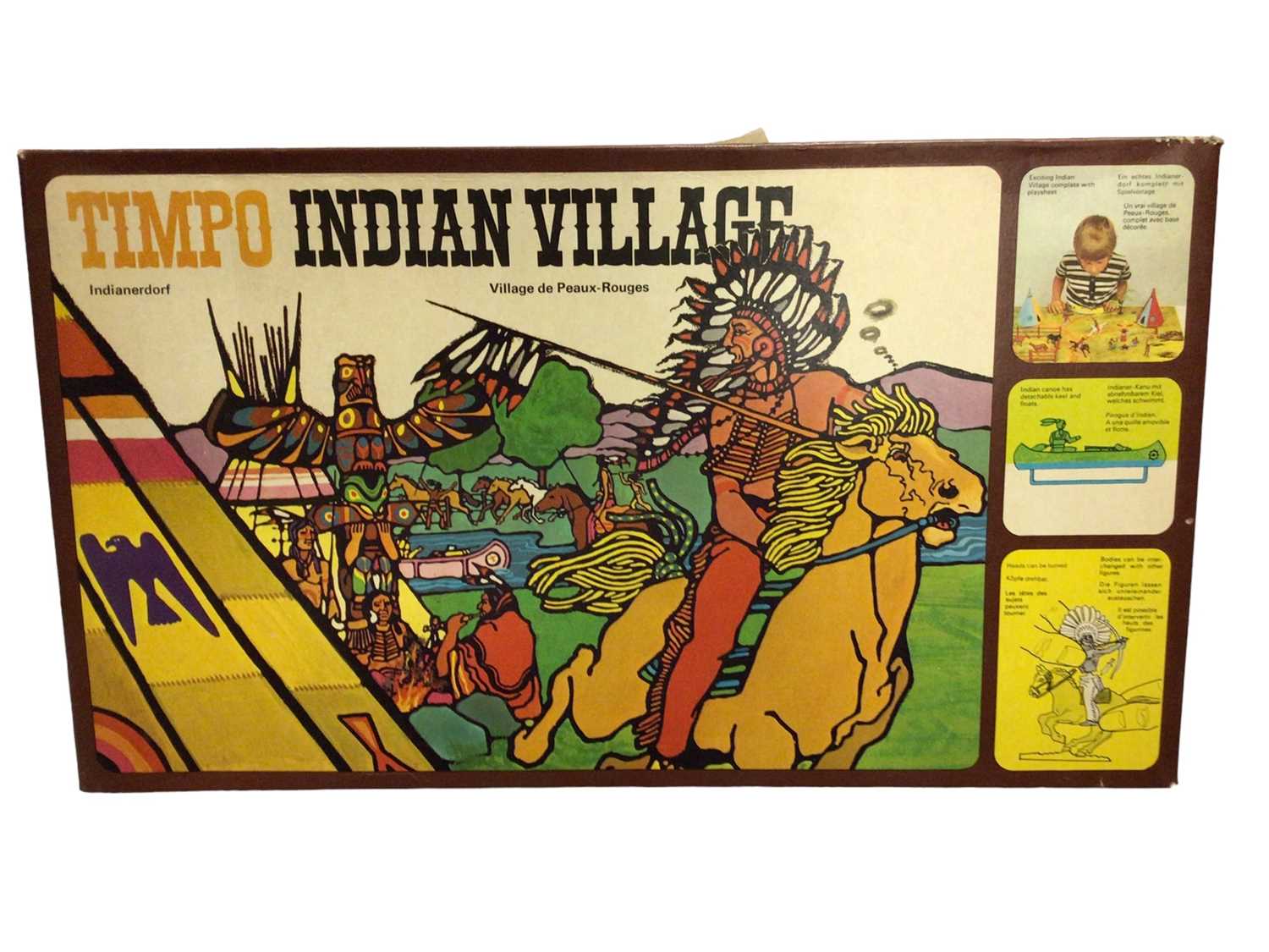 Lot 247 - Timpo Indian Village with Wigwams, corral, canoe, totem pole, mounted & foot Indians, horses, trees & layout sheet, boxed (1)