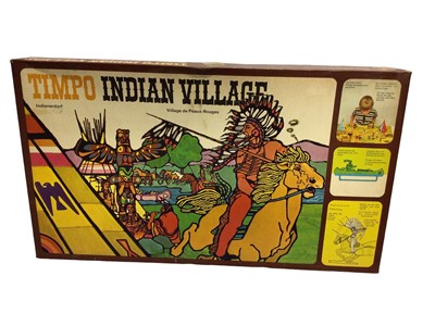 Lot 199 - Timpo Indian Village with Wigwams, corral, canoe, totem pole, mounted & foot Indians, horses, trees & layout sheet, boxed (1)