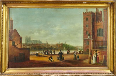 Lot 1352 - English School, 19th century, oil on canvas - View of Lambeth Palace across the Thames, in gilt frame