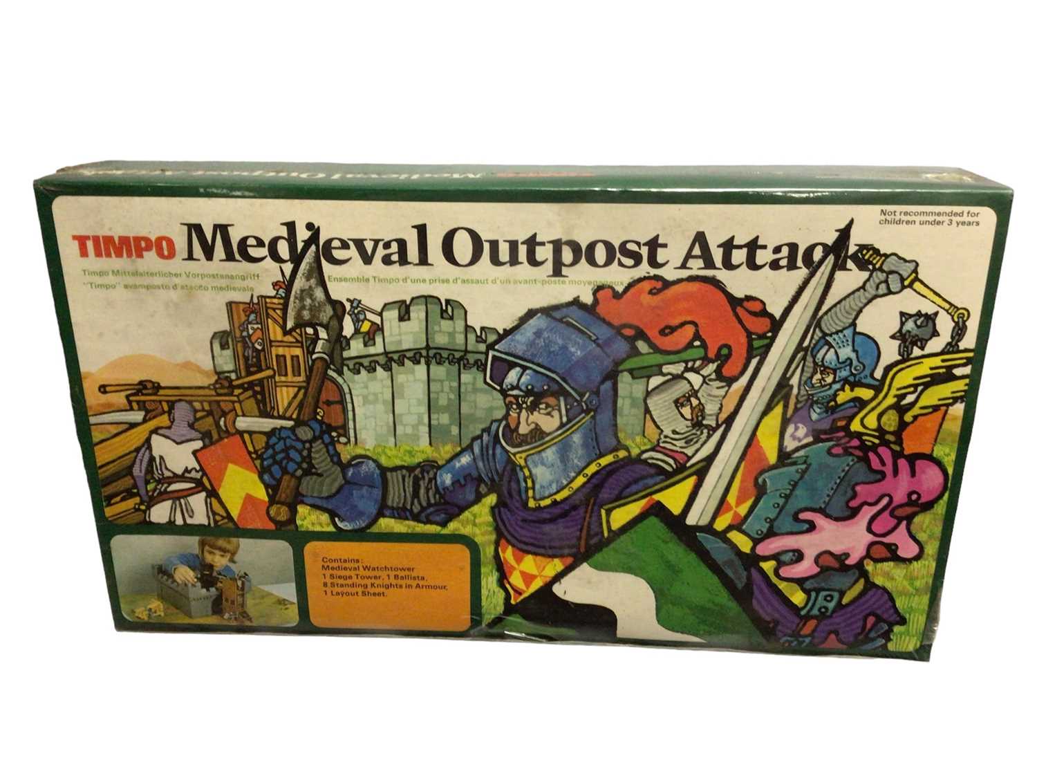 Lot 251 - Timpo Medieval Outpost Attack playset with watchtower, seige tower, ballista, knights & layout sheet, sealed box No.1804 (1)