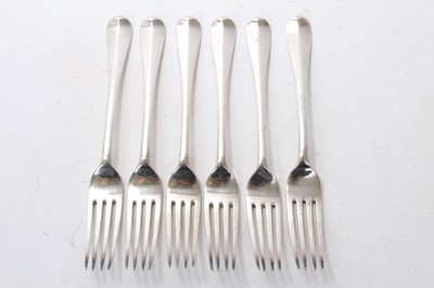 Lot 421 - Set of six Edwardian silver Hanoverian pattern table  forks, with engraved initial P