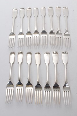 Lot 420 - Twelve Victorian silver Fiddle pattern dessert forks, some with engraved initials