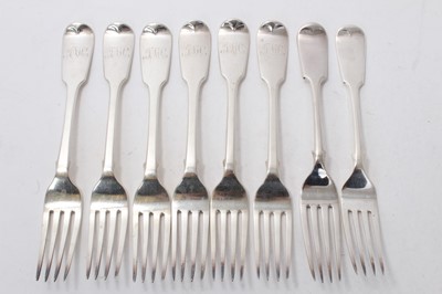 Lot 418 - Set of six Victorian silver Fiddle pattern table forks, with engraved initials (London 1845)