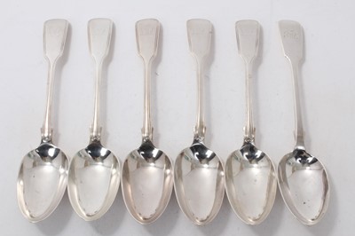 Lot 417 - Five Victorian silver Fiddle and Thread pattern table spoons with engraved armorial crest