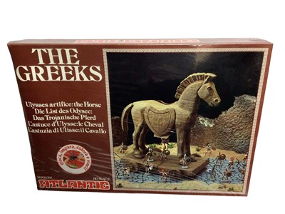 Lot 253 - Atlantic HO Scale The Greeks Ulysses the Horse Playset, sealed box with splitting No.1513 & The Greek Cavalary (Chariots) No.1806 (x8), Trojan Army No.1808 (x3) & Greek Life in the Acropolis No.180...