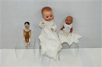 Lot 2796 - Dolls - wooden peg doll, painted face with...