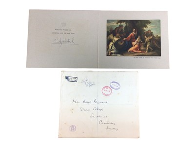 Lot 156 - H.M. Queen Elizabeth II, signed 1958 Christmas card with gilt embossed crown to cover, colour religious print to interior signed in ink' Elizabeth R' with original envelope