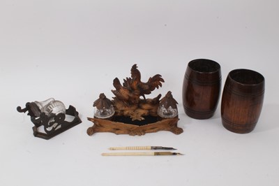 Lot 1100 - Black Forest desk stand, pair of treen baluster cups, Victorian novelty inkwell