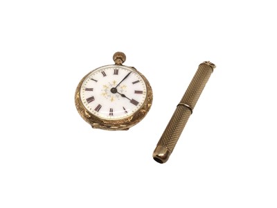 Lot 112 - 9ct gold propelling toothpick and 14ct gold fob watch