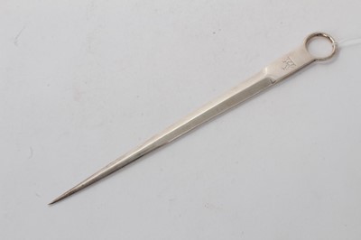 Lot 521 - George IV silver meat skewer of conventional form, with engraved armorial, (London 1827), maker Charles Eley, 3.5ozs, 25cm in length