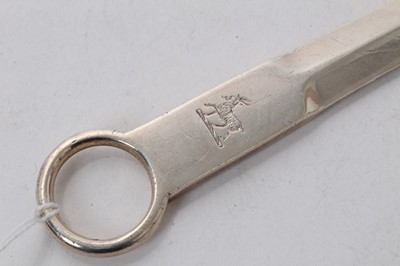 Lot 521 - George IV silver meat skewer of conventional form, with engraved armorial, (London 1827), maker Charles Eley, 3.5ozs, 25cm in length