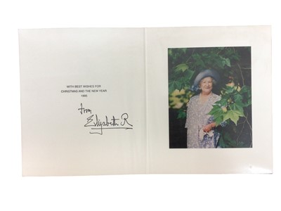 Lot 158 - H.M. Queen Elizabeth The Queen Mother, signed 1995 Christmas card with gilt crown to cover, charming colour photograph of the Queen Mother to the interior signed 'Elizabeth R'
