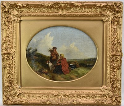 Lot 1431 - Attributed to Thomas Smythe (1825 - 1906) oval oil on canvas - A landscape with rustic figures and their dog by a fire, indistinctly signed, 22cm x 29cm, in gilt frame