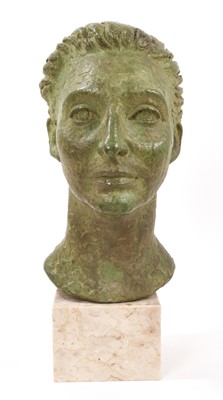 Lot 1102 - Eric Winters (1921-1968): Bronze head of his friend the artist Mary Millar Watt (1924-2023), signed and dated 1960, raised on marble plinth, total height 43cm