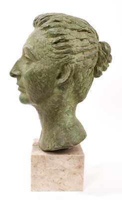 Lot 1102 - Eric Winters (1921-1968): Bronze head of his friend the artist Mary Millar Watt (1924-2023), signed and dated 1960, raised on marble plinth, total height 43cm