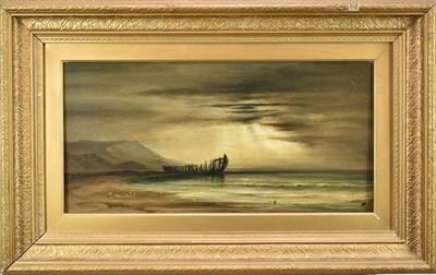 Lot 1432 - Sarah Louise Kilpack (1839 - 1909) oil on canvas - A Coastal Scene with a beached wooden hulk on the tide line, signed, 26cm x 54cm, framed