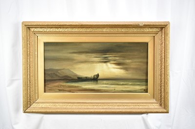 Lot 1432 - Sarah Louise Kilpack (1839 - 1909) oil on canvas - A Coastal Scene with a beached wooden hulk on the tide line, signed, 26cm x 54cm, framed