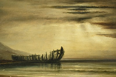 Lot 1432 - Sarah Louise Kilpack (1839 - 1909) oil on canvas - A Coastal Scene with a beached wooden hulk on the tide line, signed, 26cm x 54cm, framed