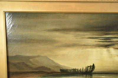 Lot 1432 - Sarah Louise Kilpack (1839 - 1909) oil on canvas - A Coastal Scene with a beached wooden hulk on the tide line, signed, 26cm x 54cm, framed