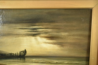 Lot 1432 - Sarah Louise Kilpack (1839 - 1909) oil on canvas - A Coastal Scene with a beached wooden hulk on the tide line, signed, 26cm x 54cm, framed