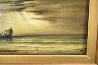 Lot 1432 - Sarah Louise Kilpack (1839 - 1909) oil on canvas - A Coastal Scene with a beached wooden hulk on the tide line, signed, 26cm x 54cm, framed