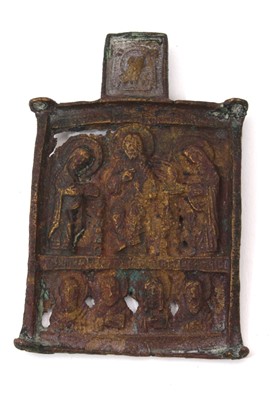 Lot 1112 - 19th century Russian bronze traveling icon: Provenance: a gift to the vendor from another icon, the late Jennifer Paterson (1928-1999), one of the "Two Fat Ladies"