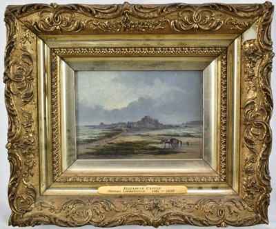 Lot 1433 - Thomas Larbalestier (1861 - 1930) oil on canvas - A view of Elizabeth Castle St Aubin's Bay, St Helier, Jersey, signed, 12cm x 17cm, framed