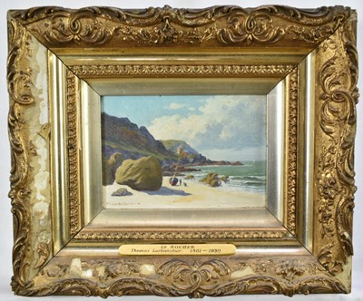 Lot 1434 - Thomas Larbalestier (1861 - 1930) oil on canvas - Le Rocher, Jersey, signed, 12cm x 17cm, in gilt frame