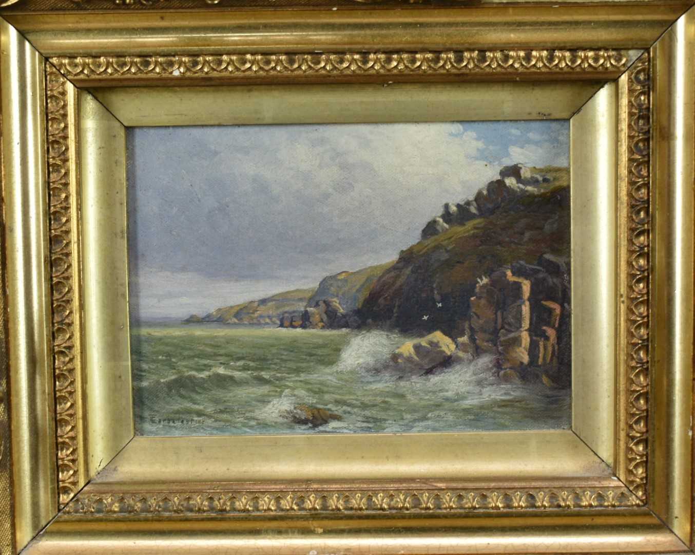 Lot 1435 - Thomas Larbalestier (1861 - 1930) oil on canvas - A Rocky Coastal scene, Jersey, signed, 12cm x 17cm, in gilt frame