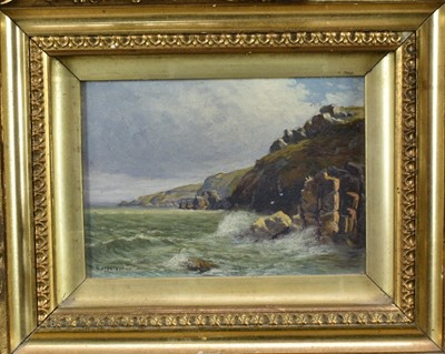 Lot 1435 - Thomas Larbalestier (1861 - 1930) oil on canvas - A Rocky Coastal scene, Jersey, signed, 12cm x 17cm, in gilt frame