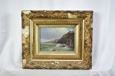 Lot 1435 - Thomas Larbalestier (1861 - 1930) oil on canvas - A Rocky Coastal scene, Jersey, signed, 12cm x 17cm, in gilt frame