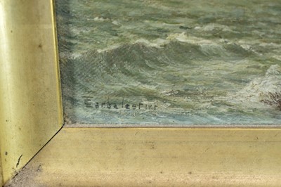 Lot 1435 - Thomas Larbalestier (1861 - 1930) oil on canvas - A Rocky Coastal scene, Jersey, signed, 12cm x 17cm, in gilt frame